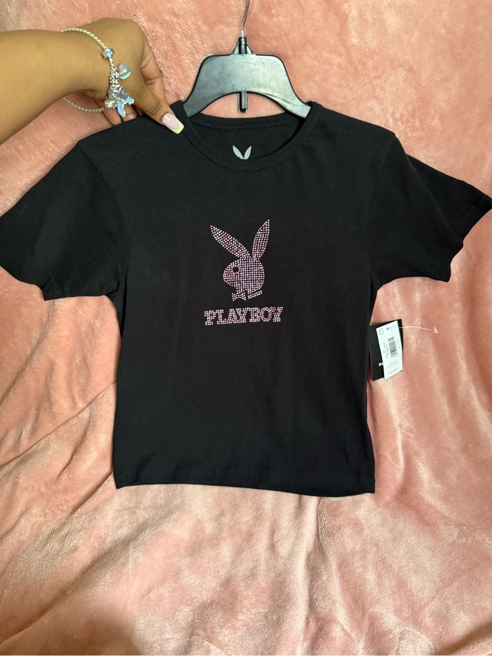 PLAYBOY Black Tee with Pink Rhinestone Logo